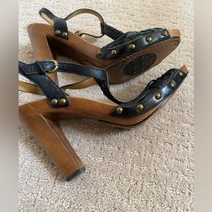 Frye black leather braided wooden heel